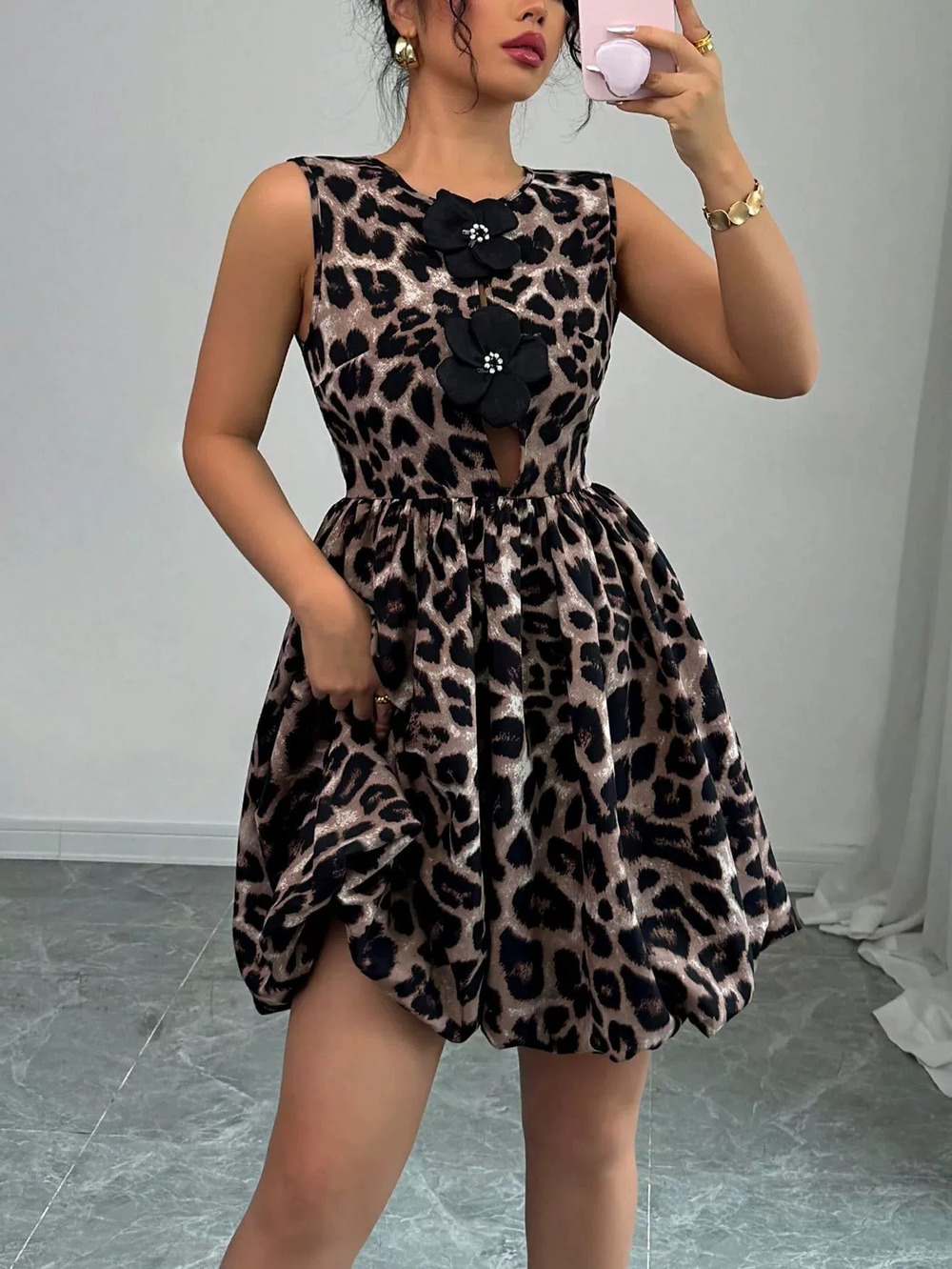 Leopard Print 3D Floral Embellished Summer Dress for Women